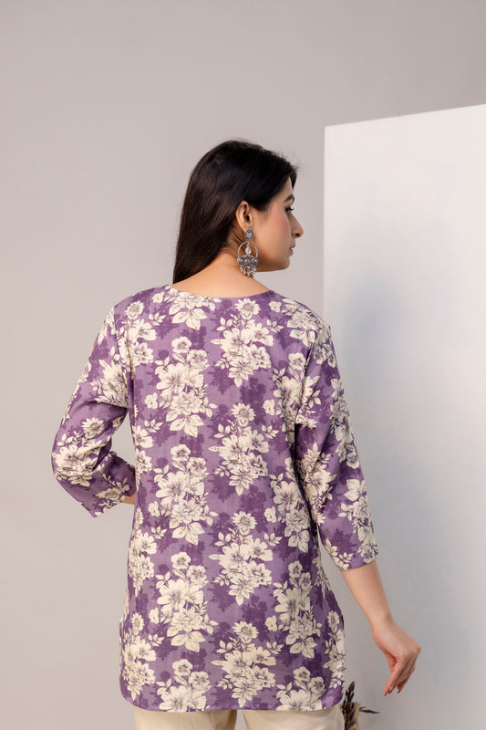 Lievva Women's Lavender Floral Printed Kurti Top | Elegant Casual Ethnic Wear for Women