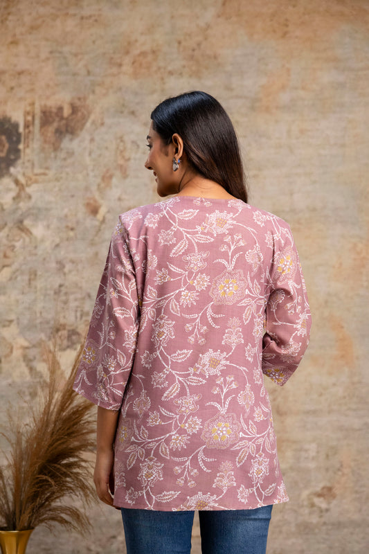 Lievva Women's Mauve Floral Printed Cotton Blend Kurti Top