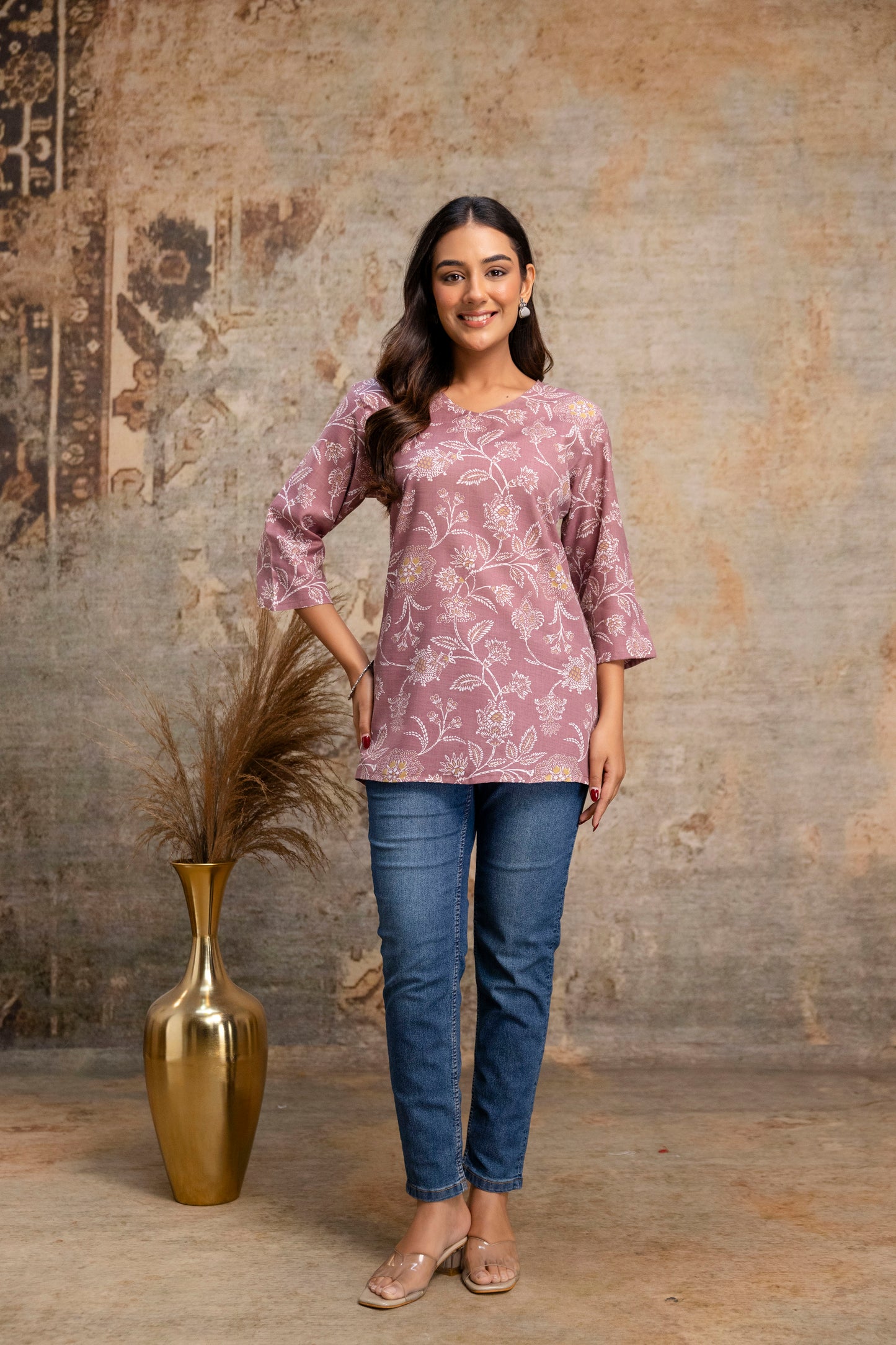 Lievva Women's Mauve Floral Printed Cotton Blend Kurti Top
