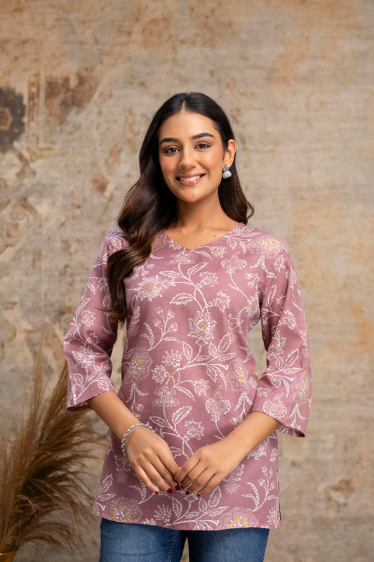 Lievva Women's Mauve Floral Printed Cotton Blend Kurti Top