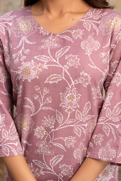 Lievva Women's Mauve Floral Printed Cotton Blend Kurti Top