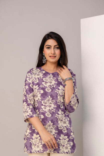 Lievva Women's Lavender Floral Printed Kurti Top | Elegant Casual Ethnic Wear for Women