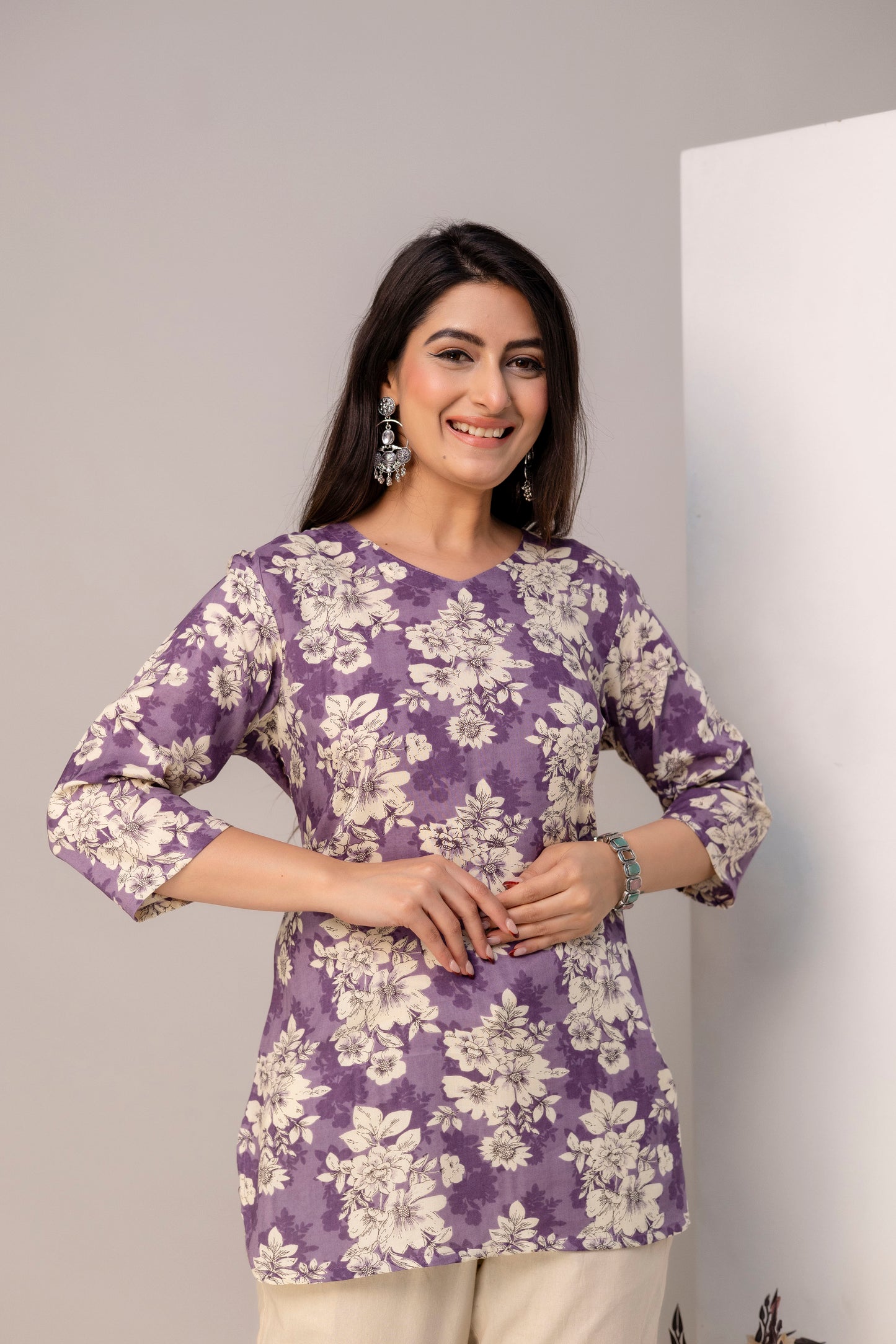 Lievva Women's Lavender Floral Printed Kurti Top | Elegant Casual Ethnic Wear for Women