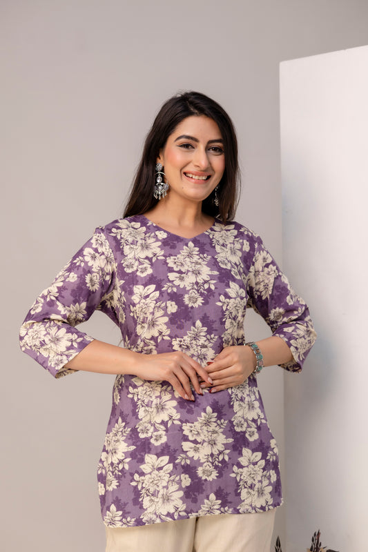 Lievva Women's Lavender Floral Printed Kurti Top | Elegant Casual Ethnic Wear for Women