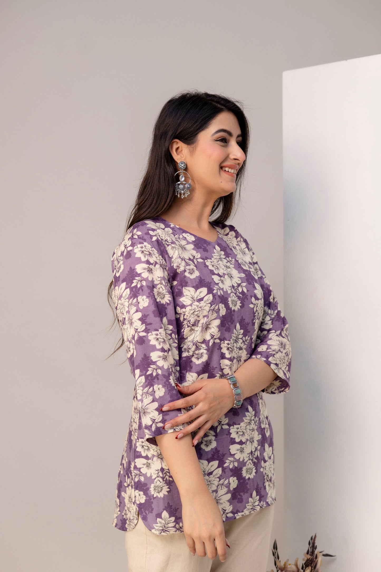 Lievva Women's Lavender Floral Printed Kurti Top | Elegant Casual Ethnic Wear for Women