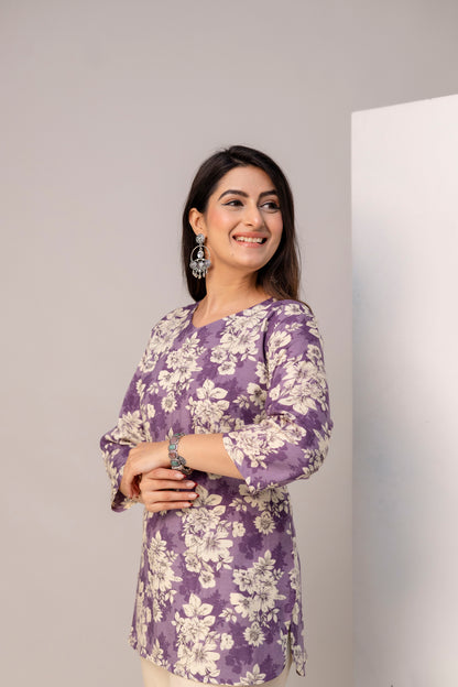 Lievva Women's Lavender Floral Printed Kurti Top | Elegant Casual Ethnic Wear for Women