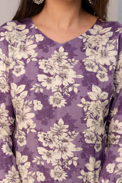 Lievva Women's Lavender Floral Printed Kurti Top | Elegant Casual Ethnic Wear for Women