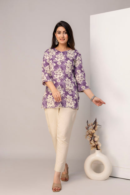 Lievva Women's Lavender Floral Printed Kurti Top | Elegant Casual Ethnic Wear for Women