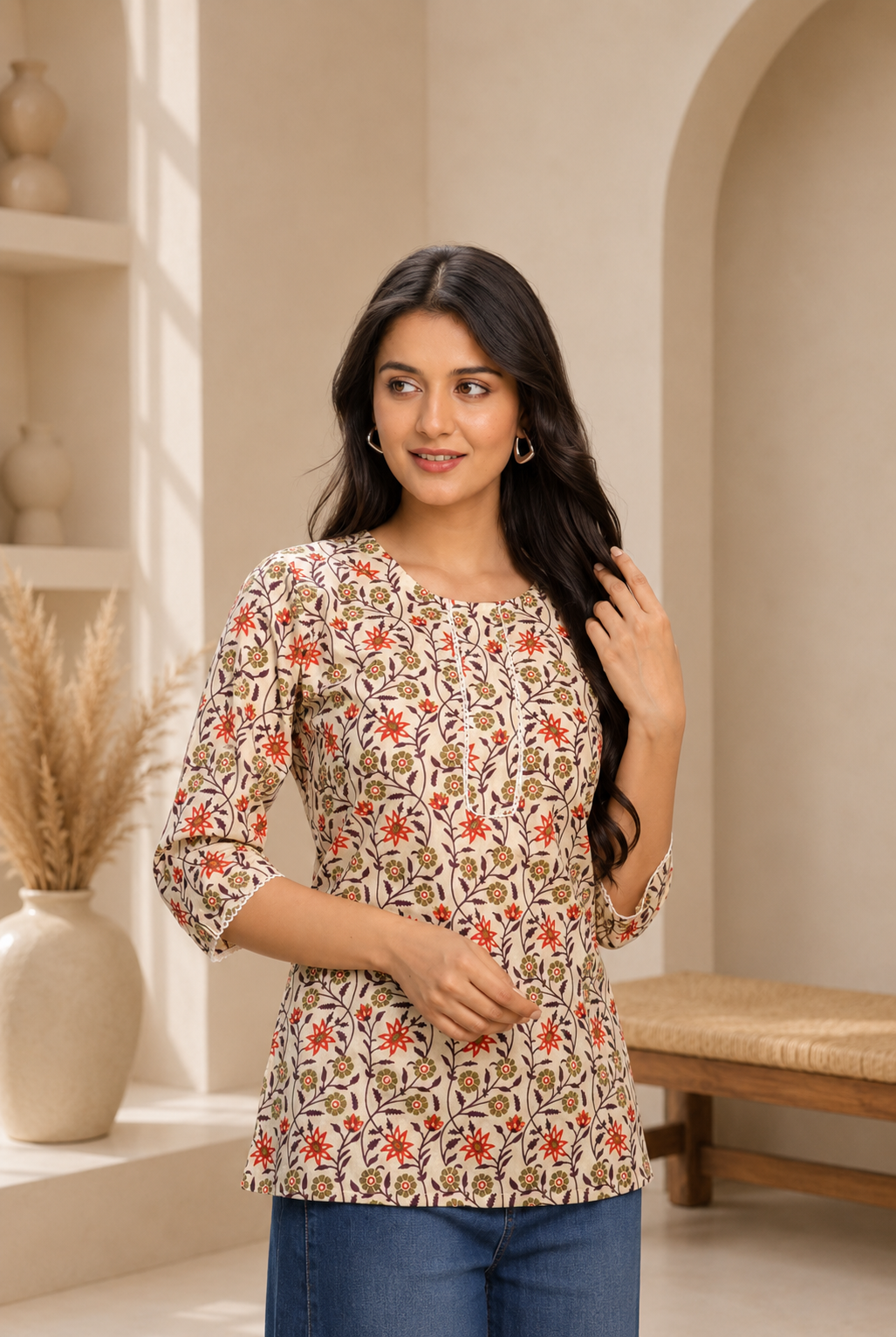 Beige Floral Kurti--013