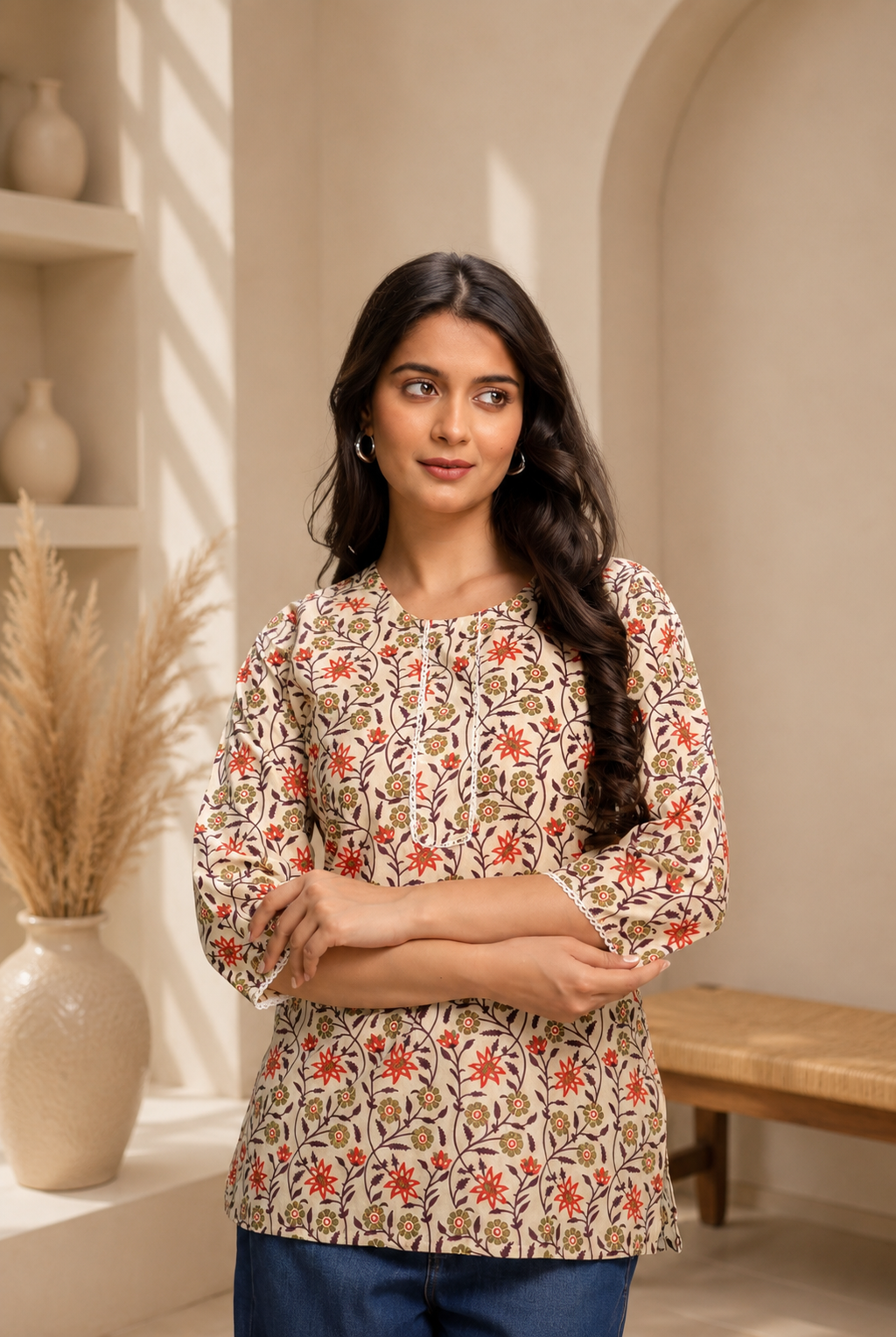 Beige Floral Kurti--013