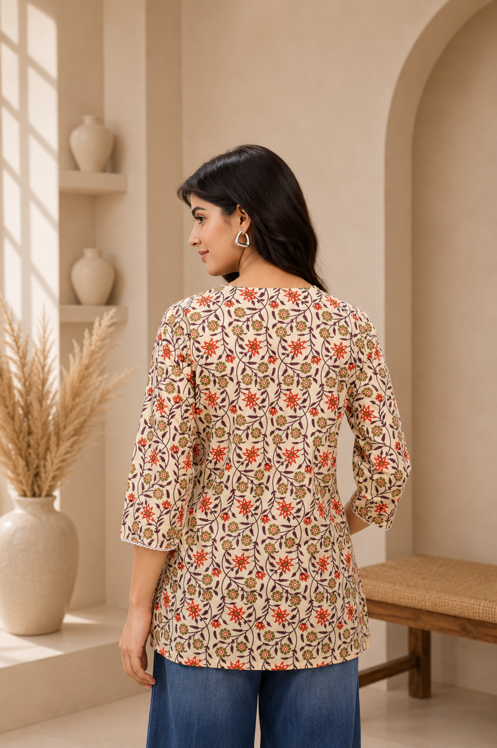 Beige Floral Kurti--013