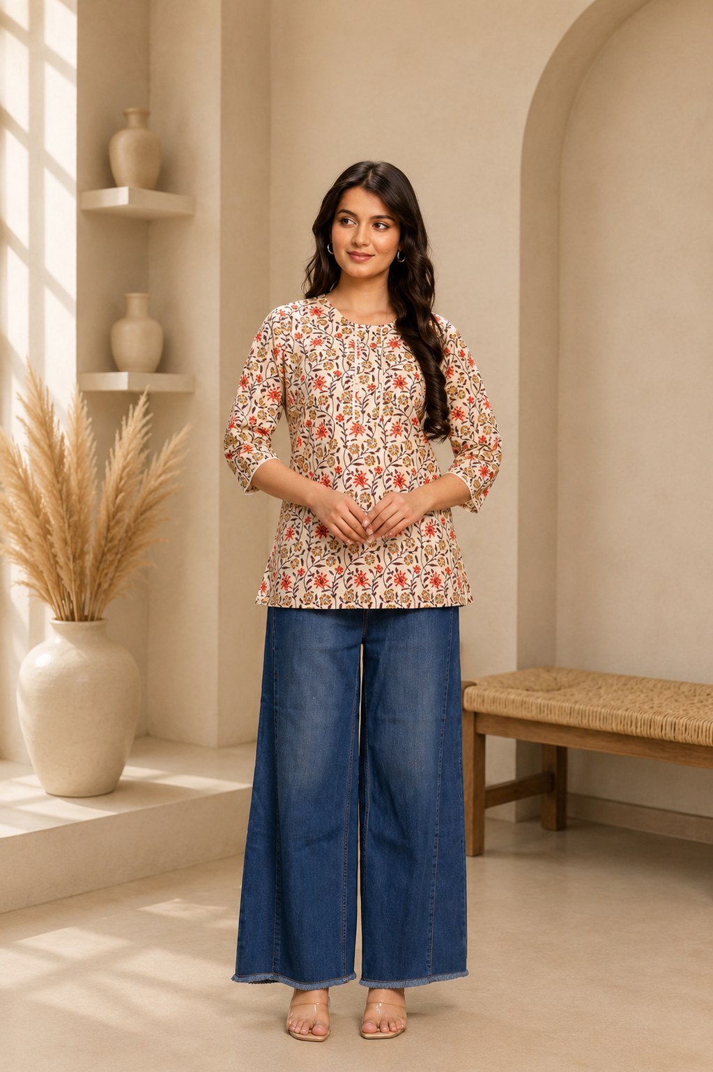 Beige Floral Kurti--013
