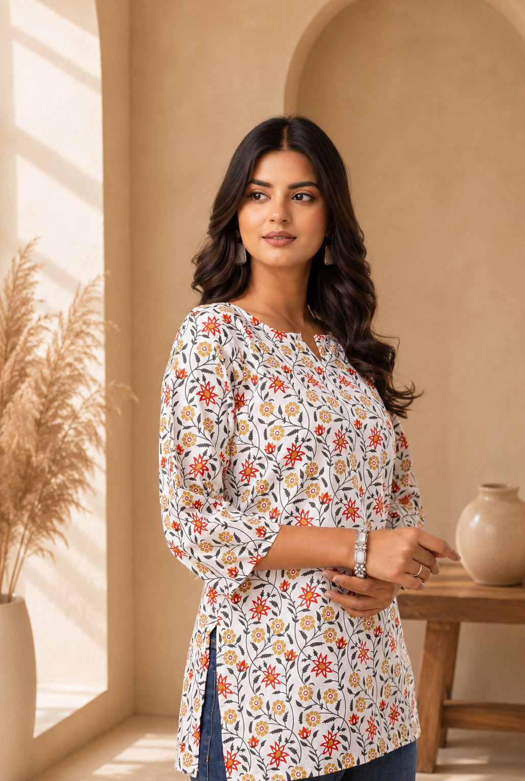 White Printed Straight Kurti-017