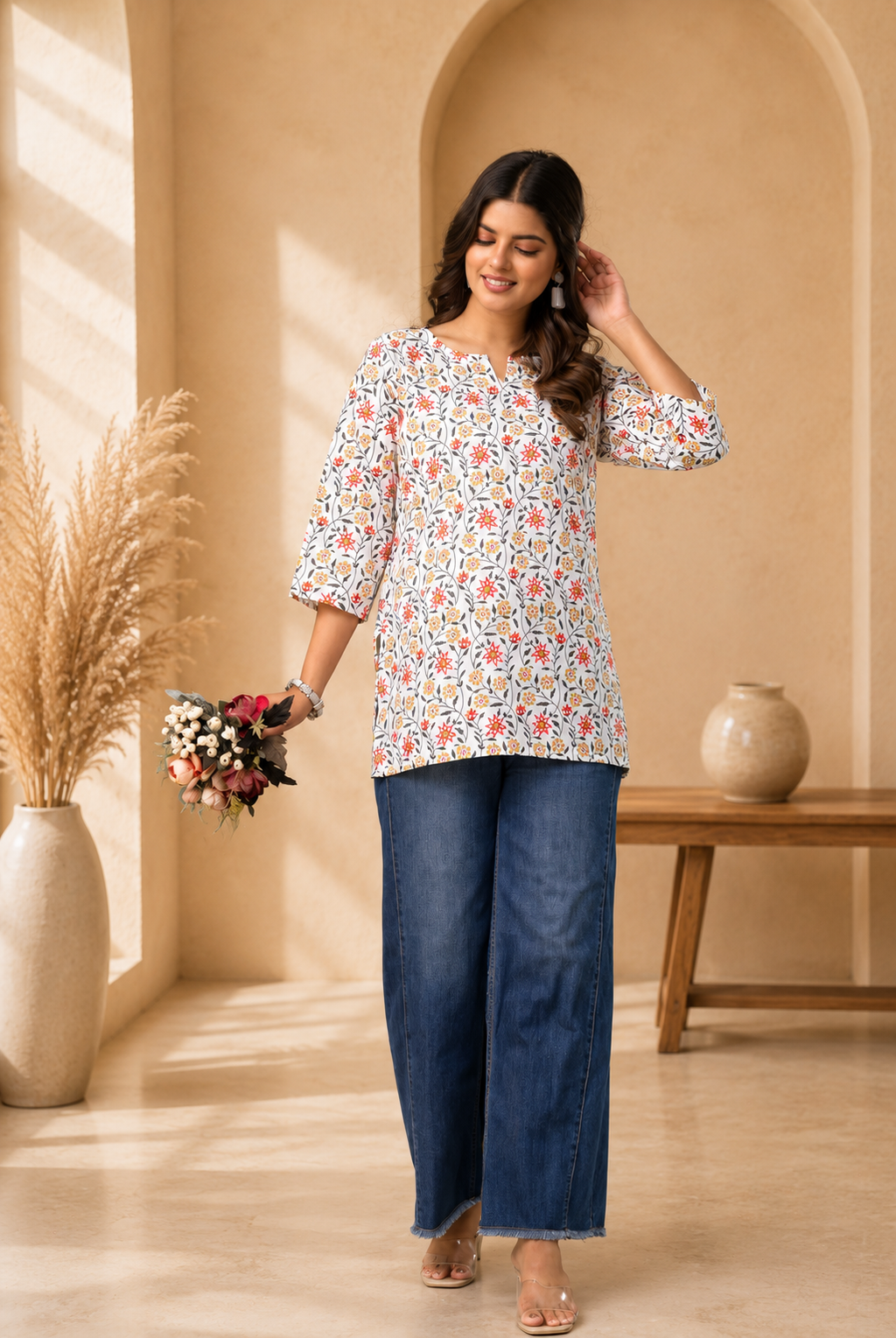 White Floral Kurti-011