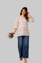 White Floral Round-Neck Kurti