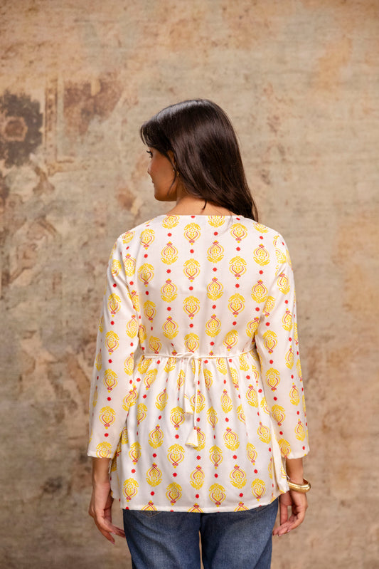 Lievva Women's White & Yellow Ethnic Printed Peplum Kurti Top