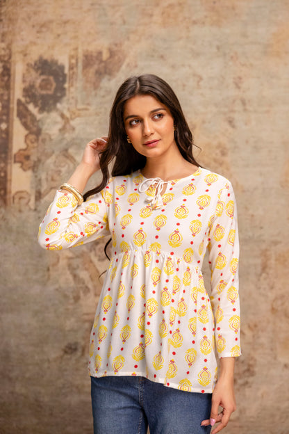 Lievva Women's White & Yellow Ethnic Printed Peplum Kurti Top