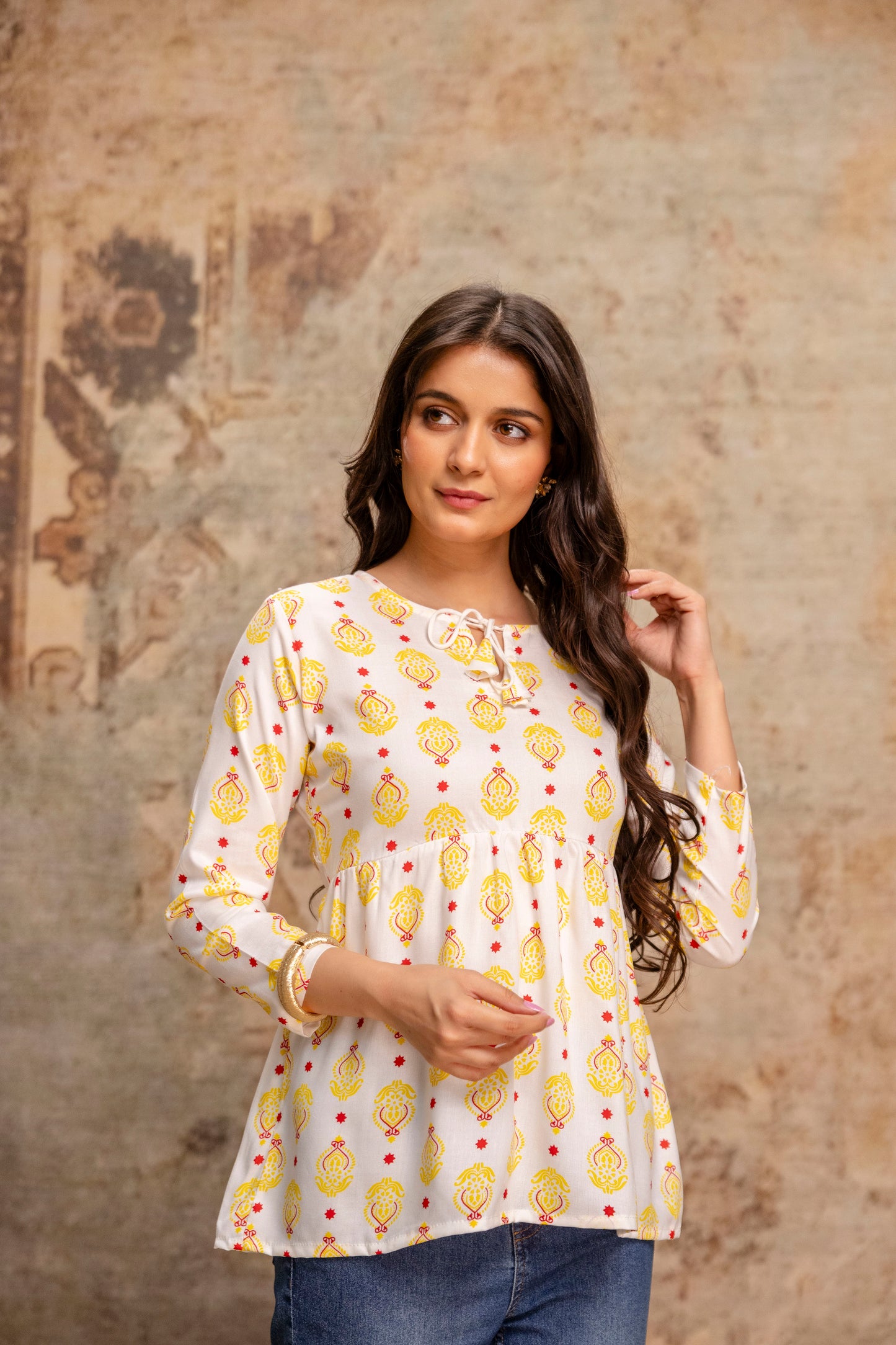 Lievva Women's White & Yellow Ethnic Printed Peplum Kurti Top