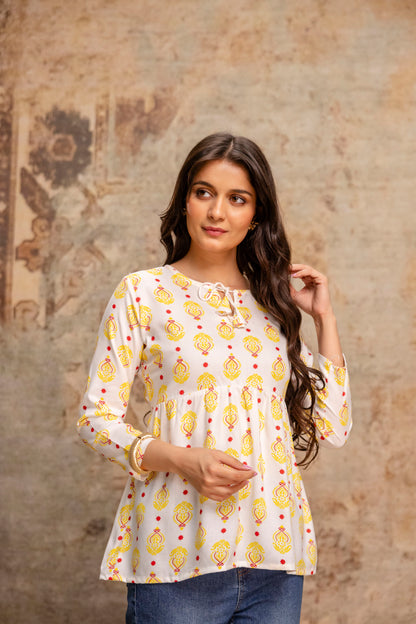 Lievva Women's White & Yellow Ethnic Printed Peplum Kurti Top