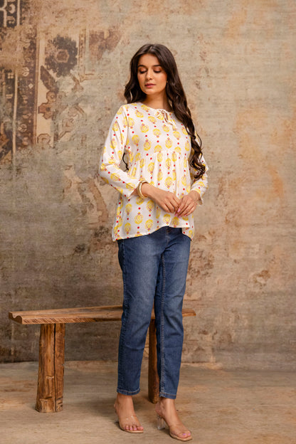Lievva Women's White & Yellow Ethnic Printed Peplum Kurti Top