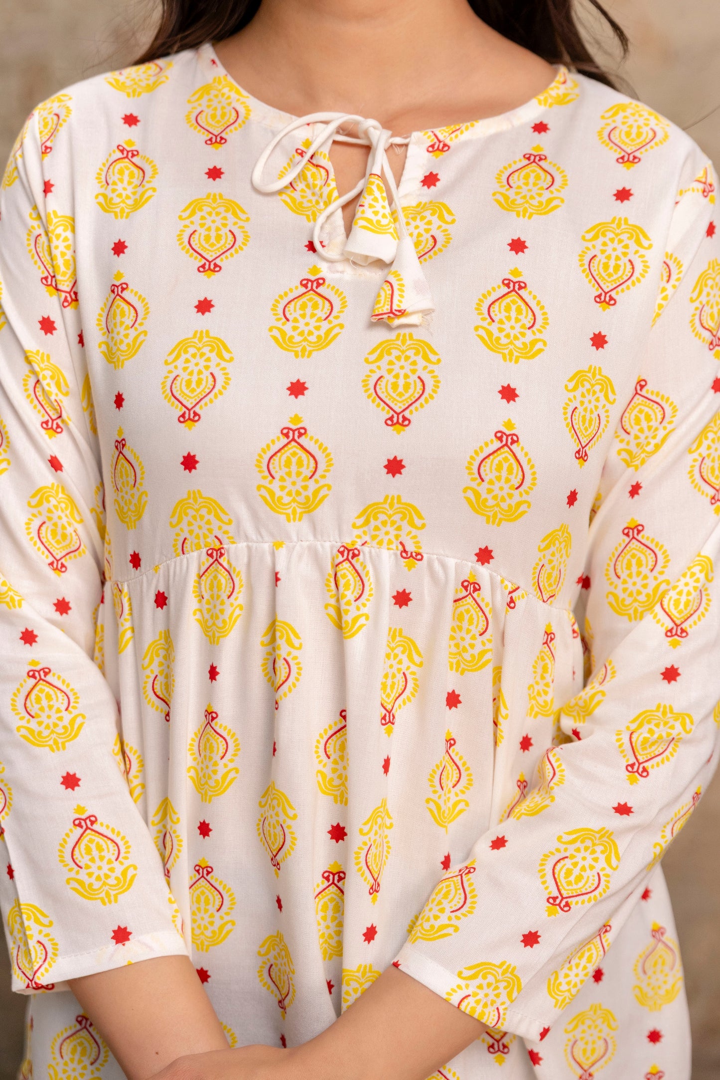 Lievva Women's White & Yellow Ethnic Printed Peplum Kurti Top