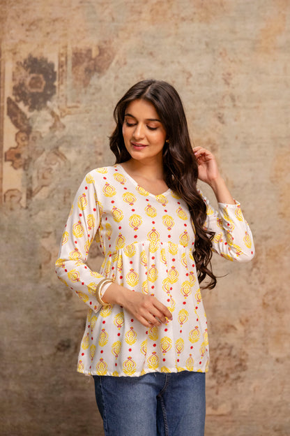 Lievva Women's White & Yellow Printed Cotton Blend Peplum Kurti Top