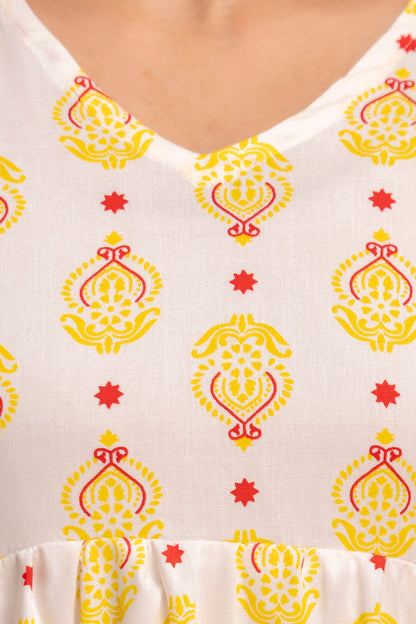 Lievva Women's White & Yellow Printed Cotton Blend Peplum Kurti Top