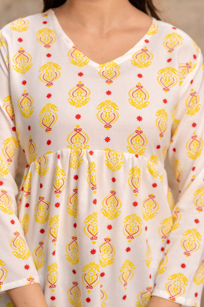 Lievva Women's White & Yellow Printed Cotton Blend Peplum Kurti Top