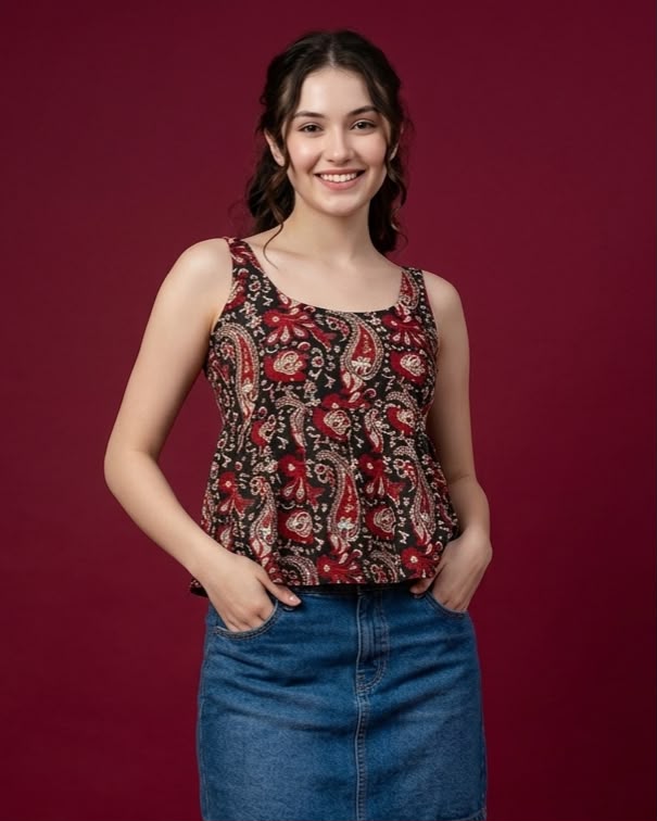 A RED AND GREEN SHORT COTTON KURTI